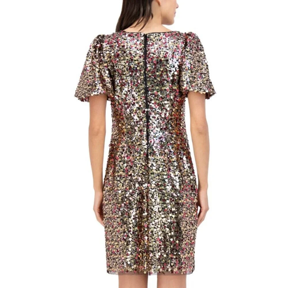 Eliza J Gold Multi Sequin Puff Sleeve Shift Dress NWT Size 6 Cocktail Party - Picture 9 of 9